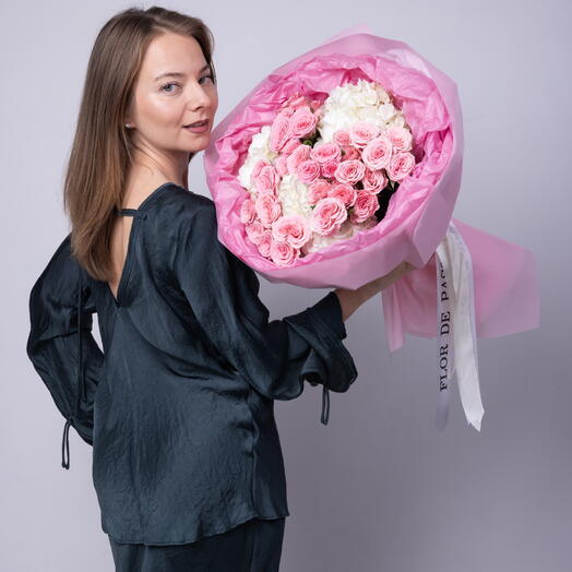 " I Love You" Bouquet (Pink spray roses, pink hydrangeas)
