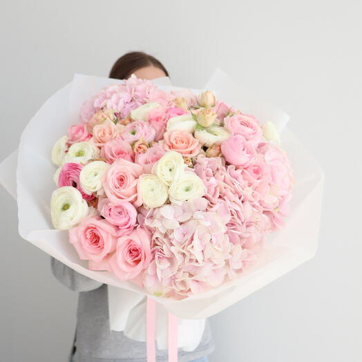 Blush Cloud pink bouquet with hydrangeas, garden roses, eustoma
