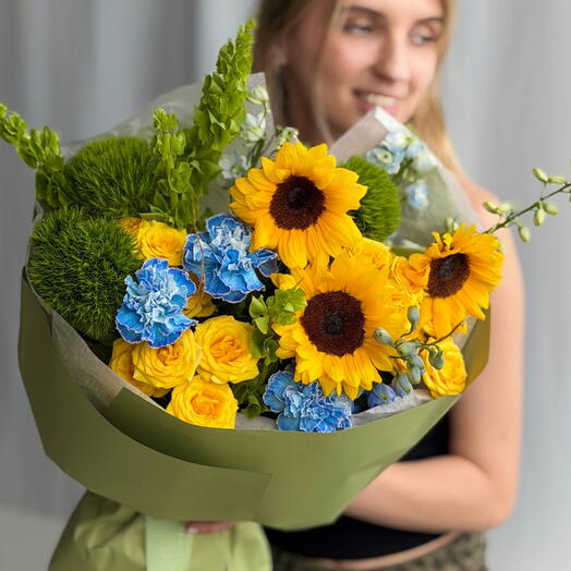 Harvest Sky Bouquet - Sunflowers, Spray Roses, Carnations, Bells of Ireland, Delphinium
