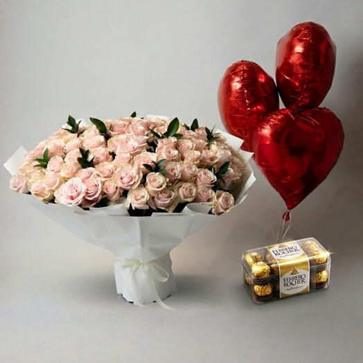 Love Combo Pink Rose 99 with 3 Red heart Balloon   Ferrero