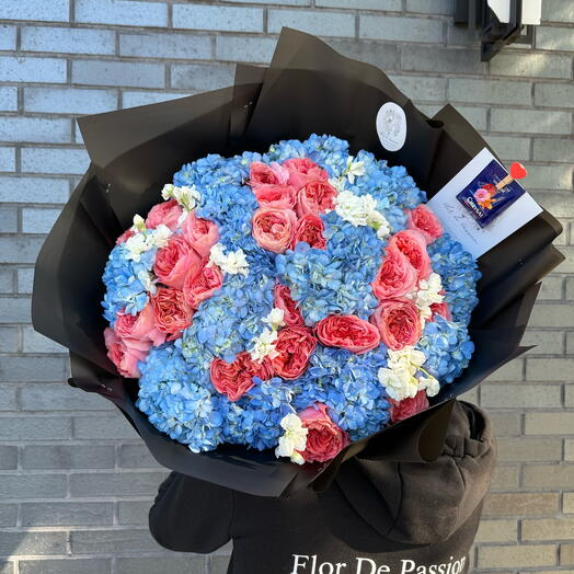 Fire Bouquet (pink expression garden peony roses, blue hydrangeas , white stocks)