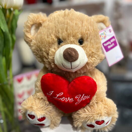 Brown plush teddy bear with heart (S)