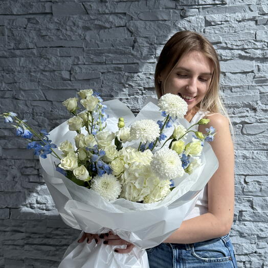 Morning Mist - Delphiniums, Chrysanthemums, Eustomas, Spray Roses, Hydrangeas