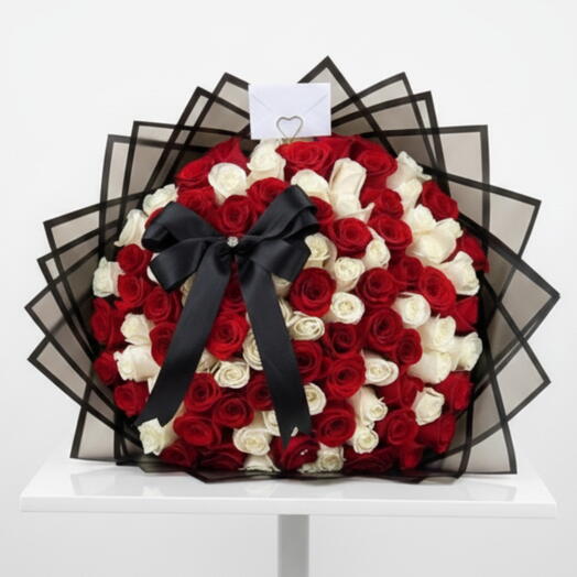 101 Red   White Roses in Black Wrapping
