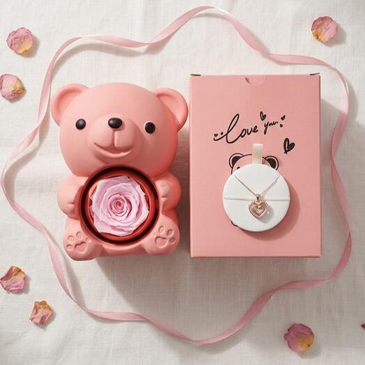 Pink Luxury Teddy Bear Gift Set with Preserved Rose   Stainless Steel Ring