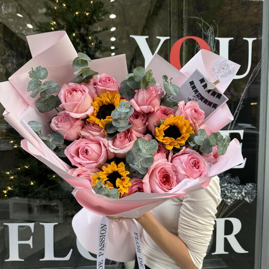 Pink expression   sunflowers   Eucalyptus bouquet