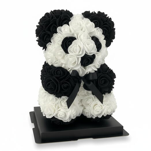 Panda teddy bear made of foam roses, everlasting artificial roses, rose teddy bear in packaging