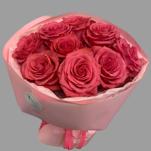 9 raspberry-colored roses in decorative packaging