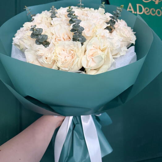 Peony-like roses with eucalyptus