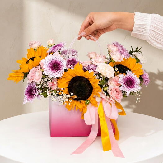 Sunshine Bloom Bag-Cheerful Floral Gift Bag with Sunflowers, Pink Roses, Chrysanthemums, and Elegant Ribbons