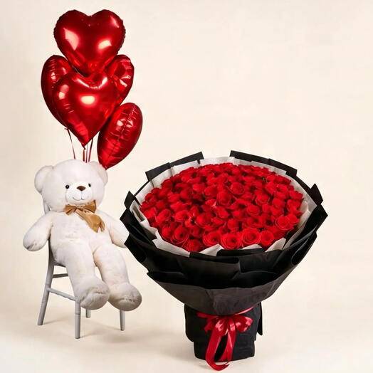 Red Roses Gift Combo: Big Red Rose Bouquet, Teddy Bear   Balloons