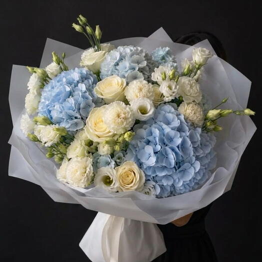 🩵 Heavenly Cloud: Blue Hydrangeas, White Roses   Eustoma
