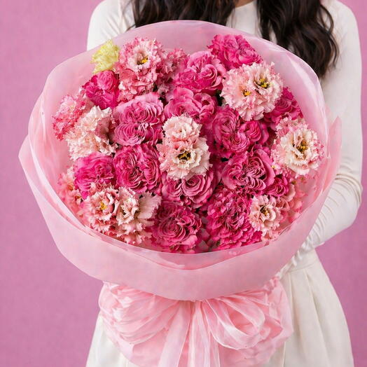 🌸 Bouquet of peonies, roses and fluffy eustoma