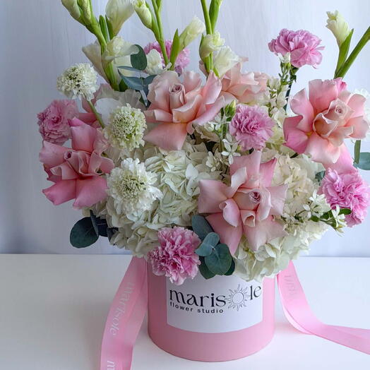 Pastel Grace Bouquet – Gladiolus, French Roses, Carnations, Scabiosa, Hydrangea, Tweedia   Eucalyptus