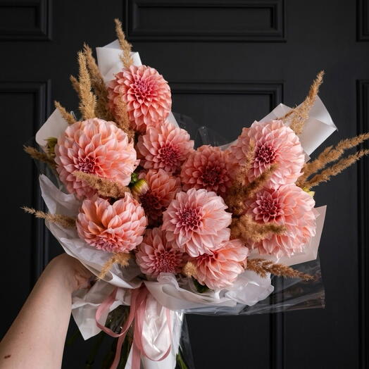 🧡 Boho Chic Dream: Premium Peach Dahlias   Fluffy Grasses