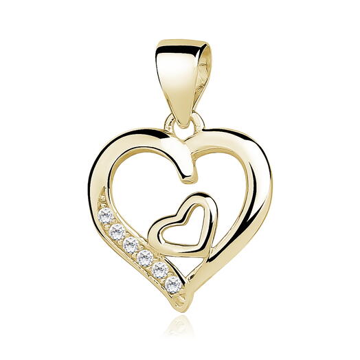 Silver Gold-Plated Pendant with White Zirconia, Double Heart