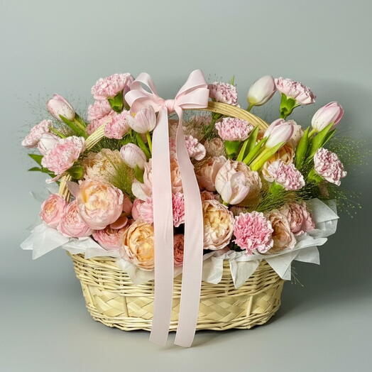 Pink Tulips and Juliata Flower Basket | Romantic Birthday Celebration Flowers | Soft Pastel Garden Arrangement