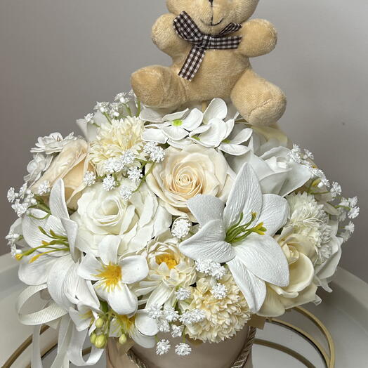 Bouquet soap flowers flower box teddy bear baby shower birthday birth of a child