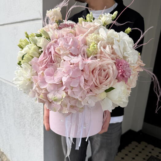 Box with hydrangeas and peonies