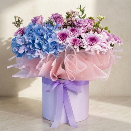 Dream Bloom with Box-Luxurious Flower Hat Box with Blue Hydrangeas, Lavender Roses   Pink Chrysanthemums