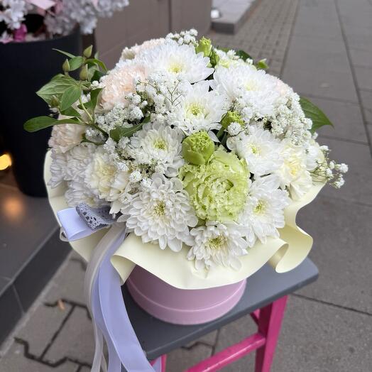 Flowers in a box in cream and green colors
