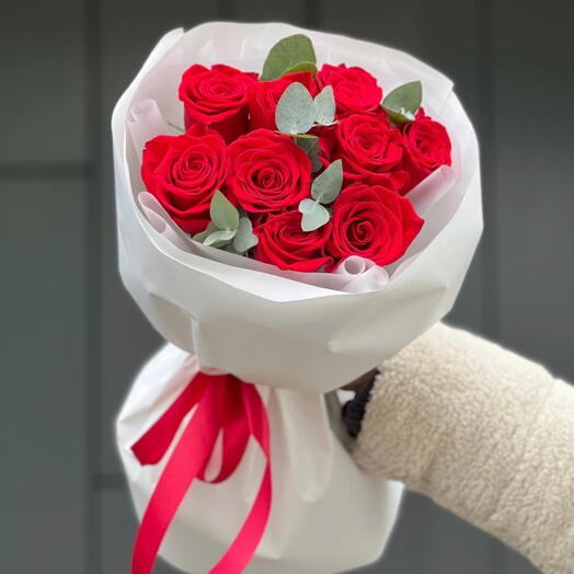 Red roses 9 pcs with eucalyptus