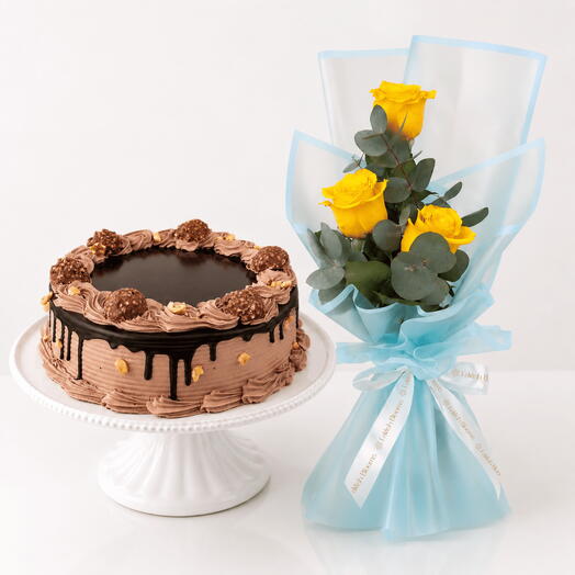 Ferrero Rocher Cake   Yellow Rose Bouquet Combo