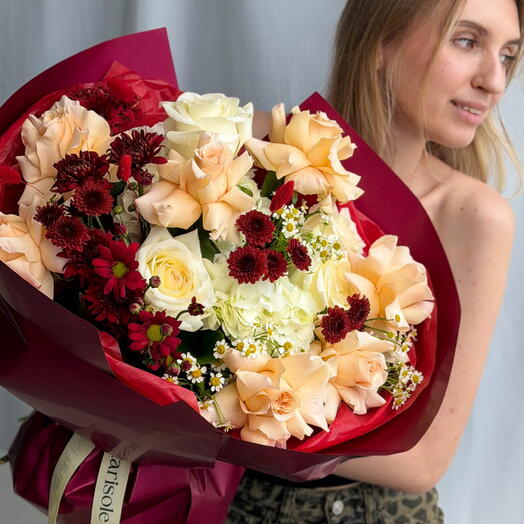 Ember Light Bouquet - Hydrangea, French Roses, Garden Roses, Chrysanthemums, Chamomile