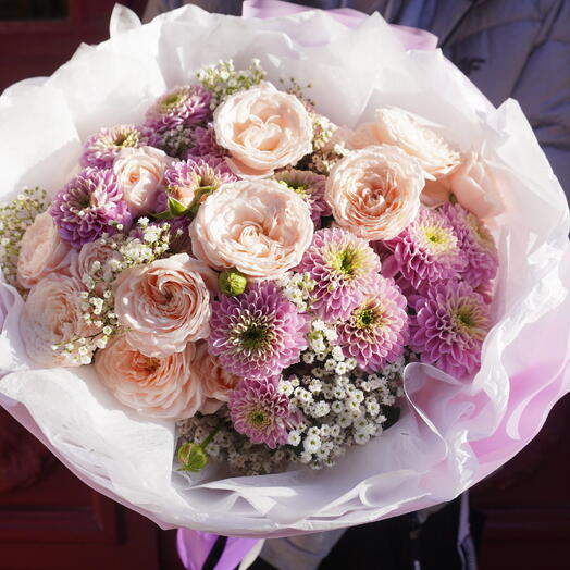 Angel's Whisper (harmonious arrangement of lavender chrysanthemums and spray roses)