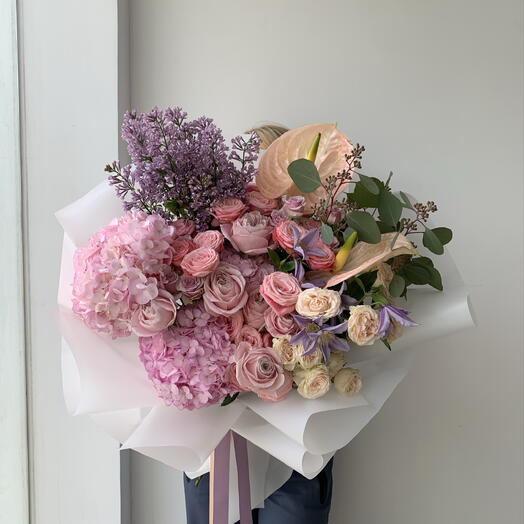 Lilac, hydrangeas, garden pink peony roses, anthurium bouquet