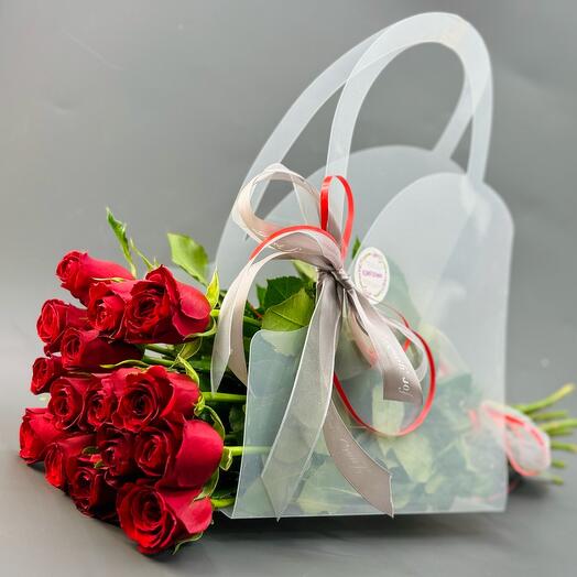 Bouquet of 15 red roses 50 cm in an original transparent gift bag