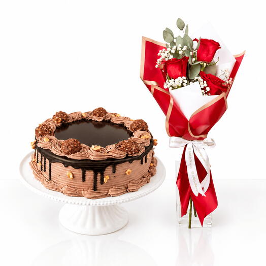 Ferrero Rocher Cake   Red Rose Bouquet Combo
