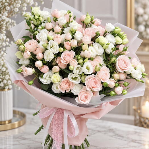 Bouquet of bush roses and eustoma