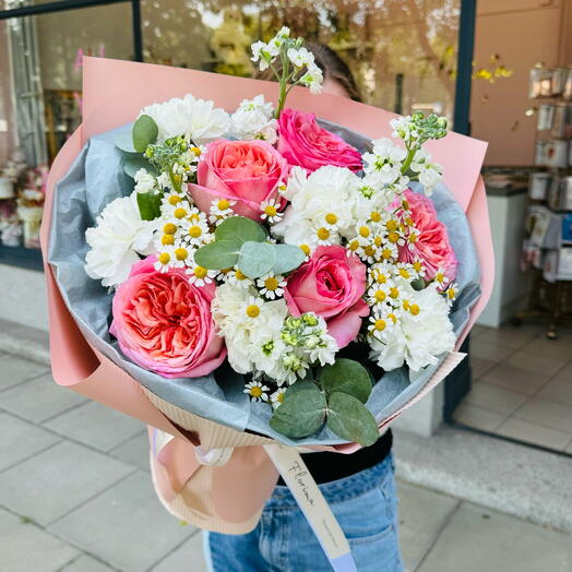 Bouquet of peony roses, carnations, chamomile