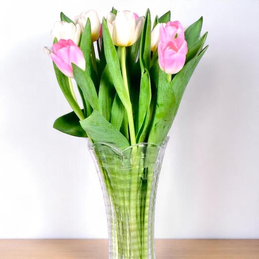Tulip Charm Bouquet | 12 White   Pink Tulips in Crystal Glass Vase | Elegant Spring Gift