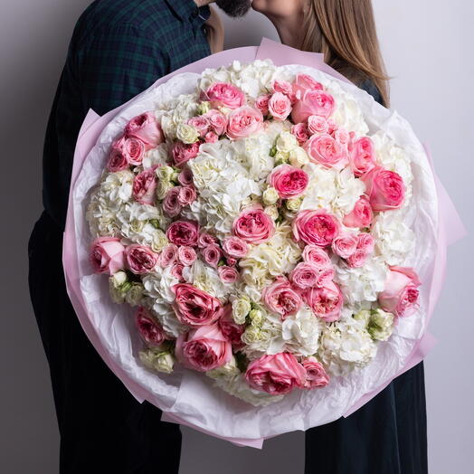 Mix of Pink Expression Roses, White Hydrangeas, Spray Roses in pink white